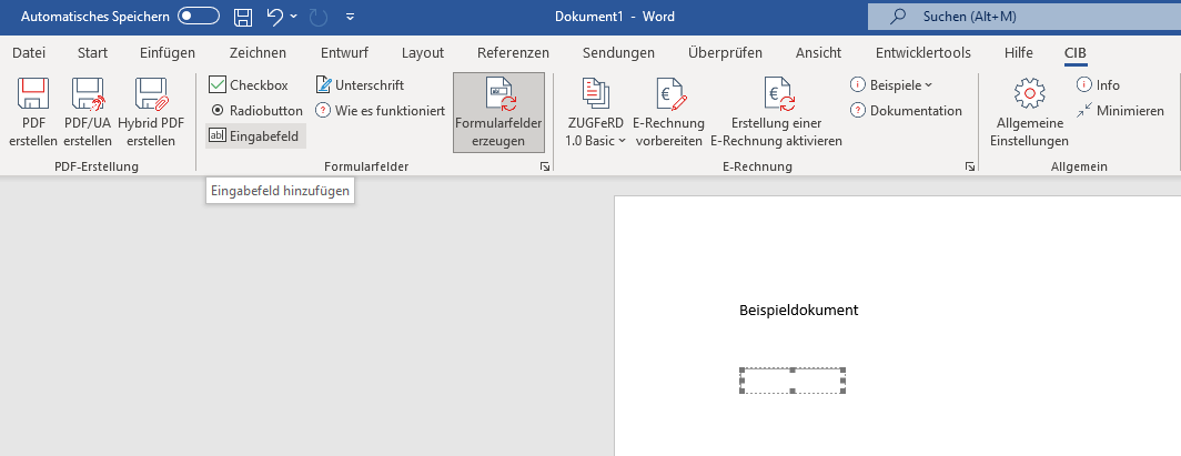 CIB-Reiter in Word ausgewählt mit Formularfelder erzeugen Button aktiv