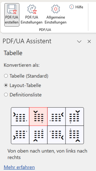 Einstellungen im PDF/UA Assistenen in MS Word, damit eine Tabelle nach PDF/UA konvertiert werden kann