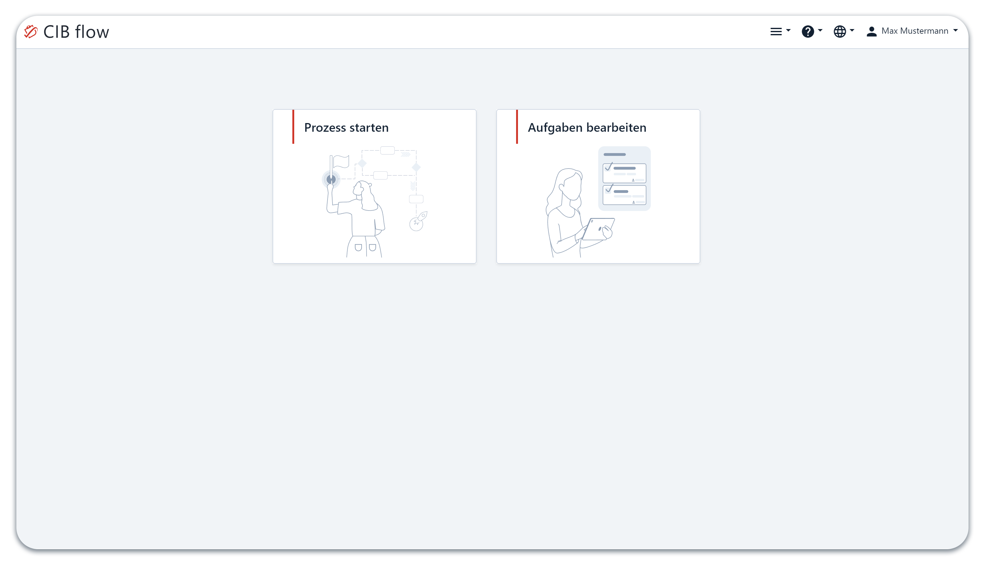 CIB flow Startseite mit zwei Kacheln Prozess starten und Aufgaben bearbeiten