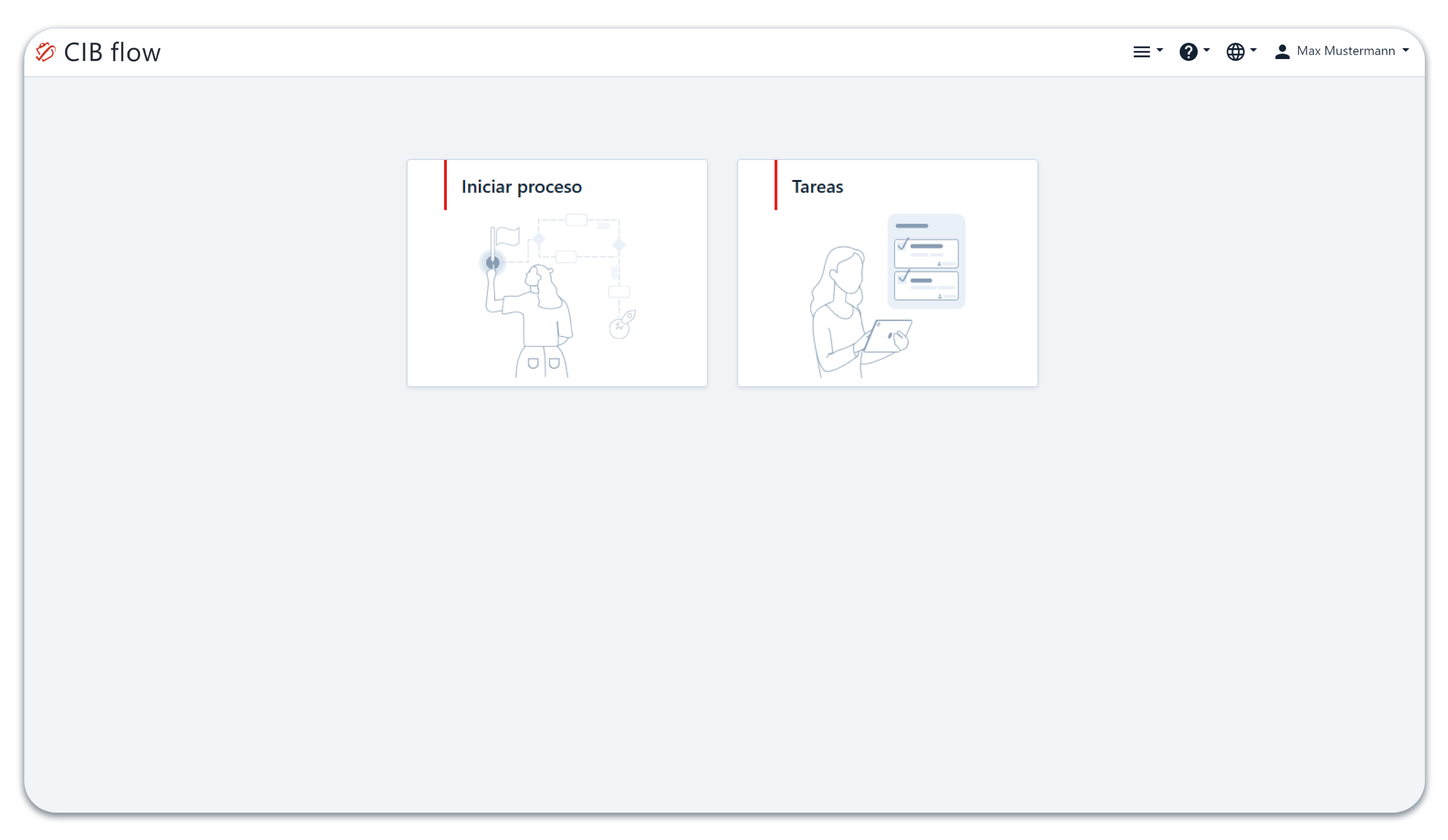Página principal de CIB flow con dos mosaicos: Iniciar proceso y gestionar tareas