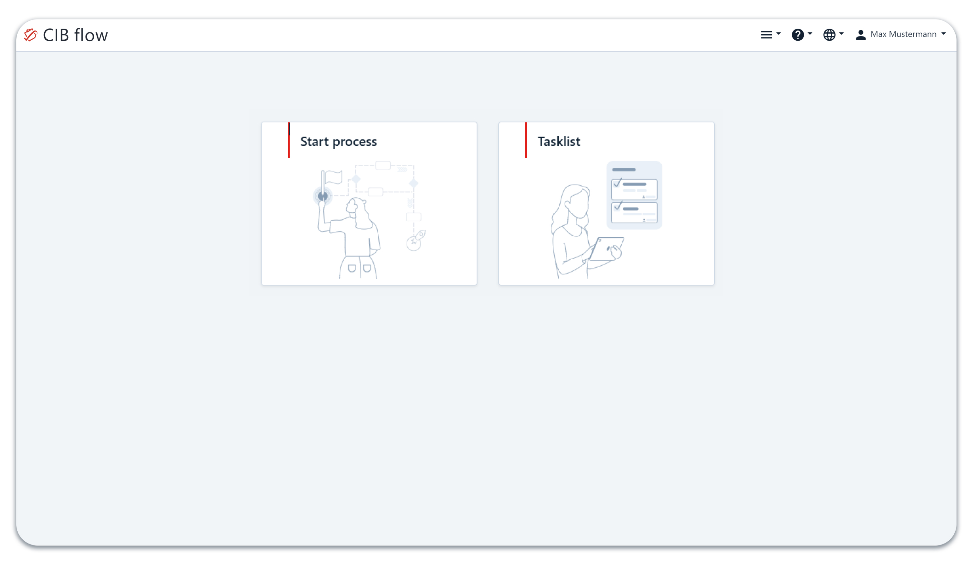 CIB flow homepage with two tiles: Start process and Handle tasks