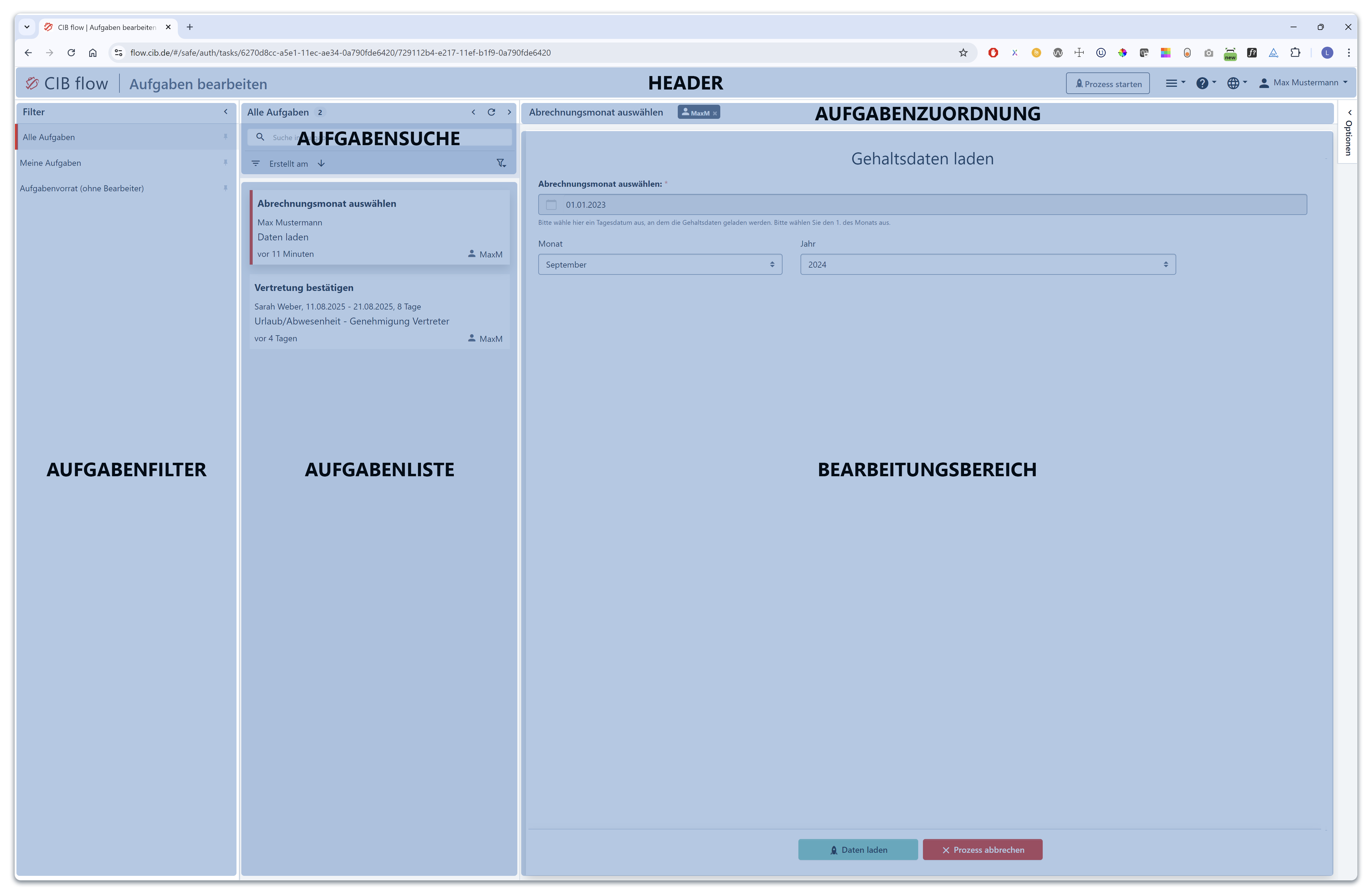 Zeigt die Aufgabenbereiche Header, Aufgabenfilter, Aufgabensuche, Aufgabenliste, Aufgabenzuordnung, Bearbeitungsbereich