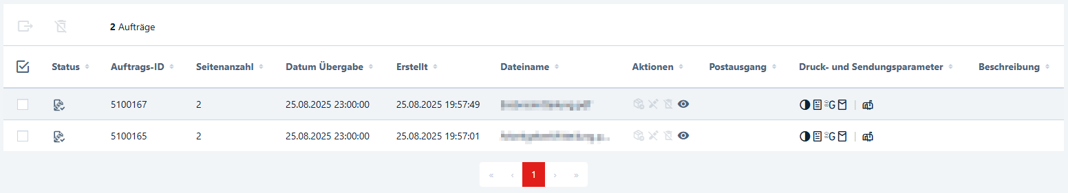 Detailansicht der Ergebnistabelle mit den Spaltenüberschriften