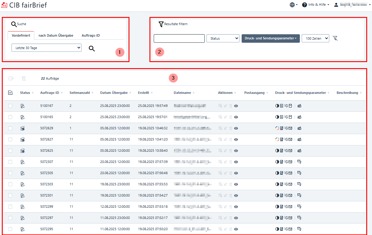 Oberfläche CIB fairBrief nach der Anmeldung. Sichtbar sind die Suche, Filter und Ergebnisliste