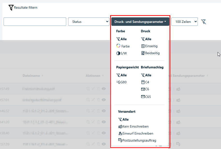Resultate filtern nach Sendungsparametern