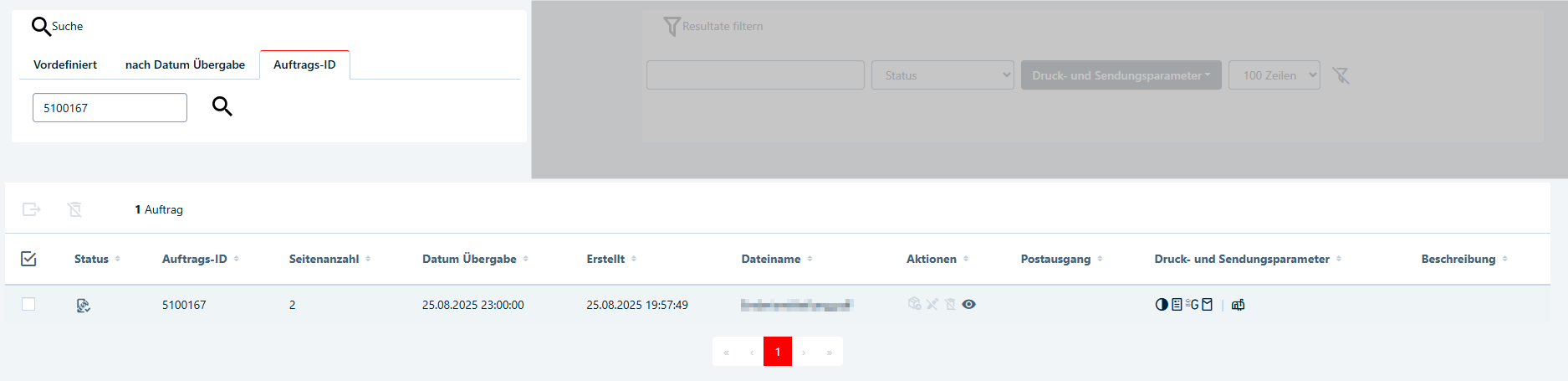 Suchfenster nach Auftrags-ID
