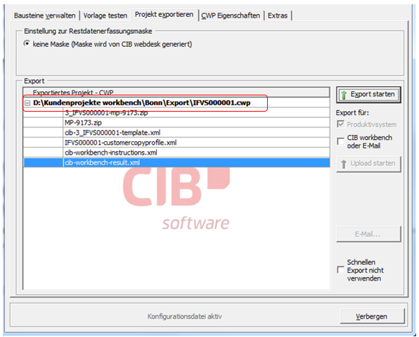 CIB workbench: Pfad für Exportdatei