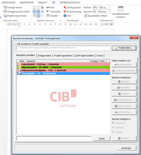 CIB workbench: Bearbeiten Signaturpaket